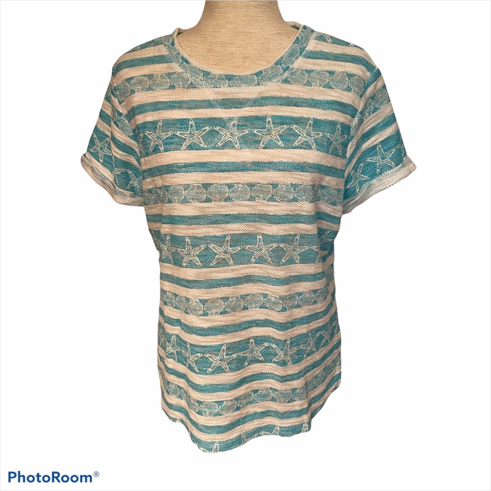LULU B TOP TEE SHORT SLEEVE BLUE WHITE SHELL Size M